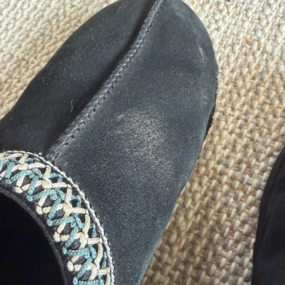 UGG Tasman Black Suede Clogs with Patterned Trim - Picture 7 of 10